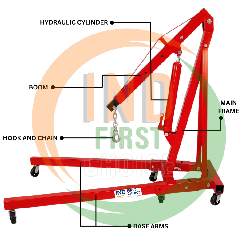 IND FIRST CHOICE Manual Hydraulic Floor Crane, 3 Ton Capacity, Mobile Workshop Engine Hoist with Wheels, Heavy-Duty Steel, 130 KG Self Weight